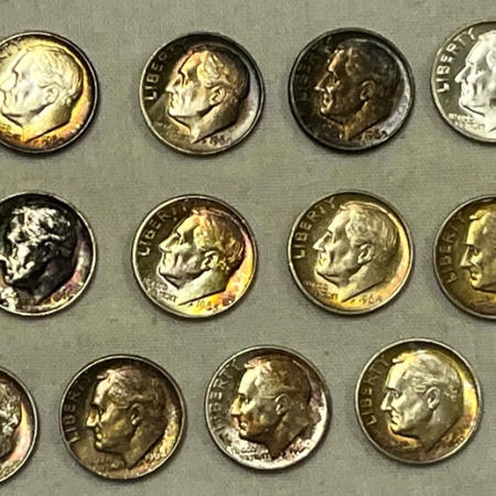 U.S. Uncertified Coins 1964-P/D ROOSEVELT DIMES, LOT OF 17 GORGEOUS UNCS WITH SOME BEAUTFULLY TONED!