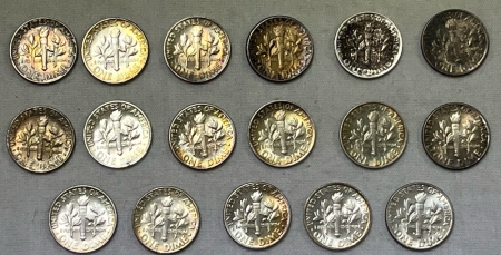 Dimes 1964-P/D ROOSEVELT DIMES, LOT OF 17 GORGEOUS UNCS WITH SOME BEAUTFULLY TONED!