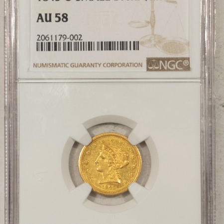 $2.50 1843-O $2.50 LIBERTY HEAD GOLD, SMALL DATE – NGC AU-58, SMOOTH, MARK-FREE!