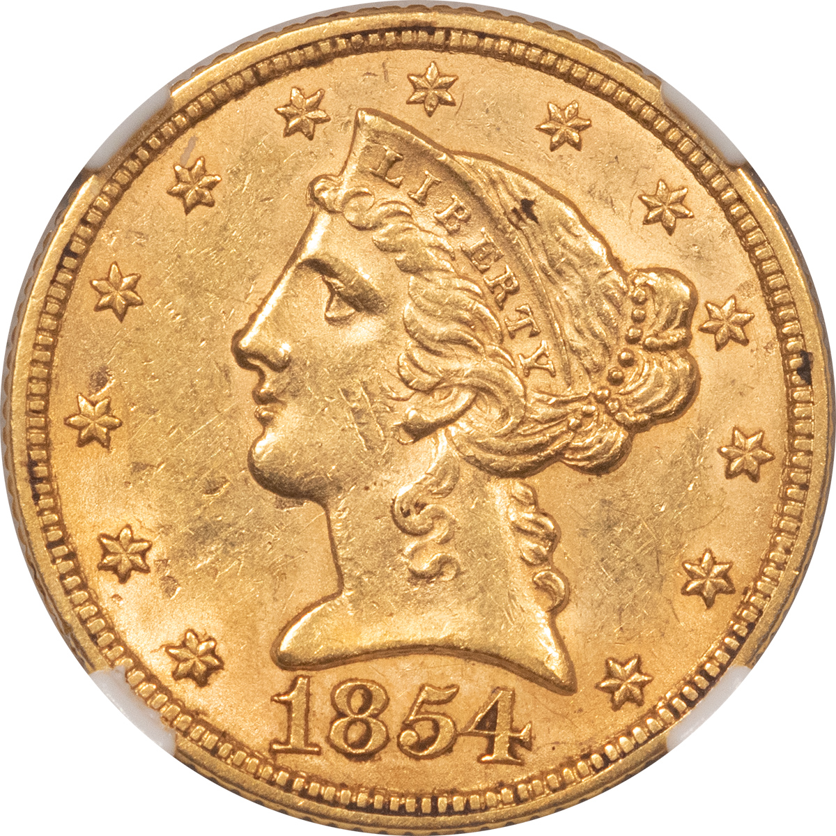 1854 $5 LIBERTY HEAD GOLD, FS-101 - NGC AU-58, DOUBLED DIE OBVERSE ...