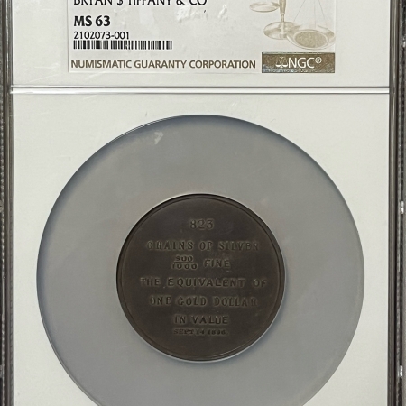 New Store Items 1896 BRYAN SO-CALLED DOLLAR, TIFFANY & CO, 2-SIDED, HK-779, S-3; NGC MS-63-RARE!