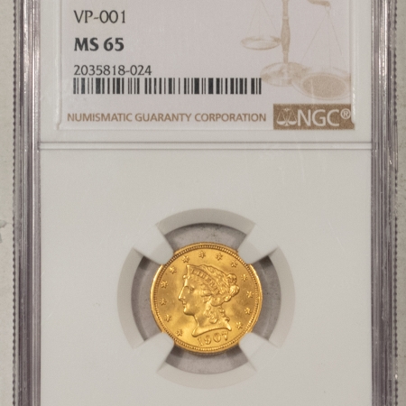 $2.50 1907/1907 $2.50 LIBERTY HEAD GOLD, VP-001 – NGC MS-65, NEAT VARIETY!