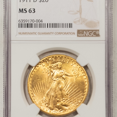 New Store Items 1911-D $20 ST GAUDENS GOLD – NGC MS-63, LUSTROUS & CHOICE!