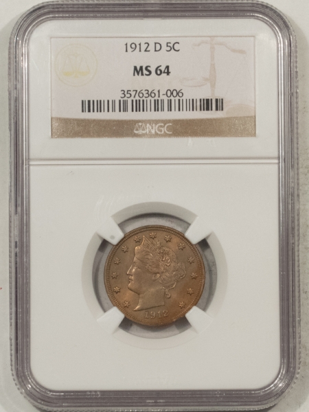 Liberty Nickels 1912-D LIBERTY NICKEL – NGC MS-64, TOUGH DATE! PRETTY!