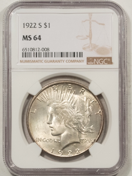 New Certified Coins 1922-S PEACE DOLLAR NGC MS-64, PREMIUM QUALITY!
