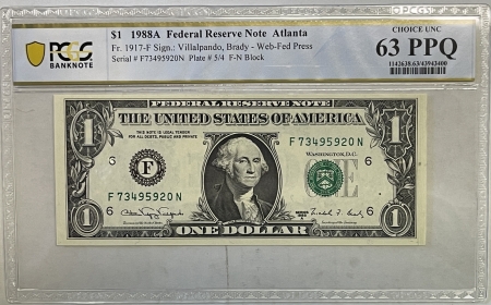 Small Federal Reserve Notes 1988-A $1 FRN EXPERIMENTAL WEB PRESS ATLANTA FR1917F F-N BLOCK PCGS CH UNC 63PPQ