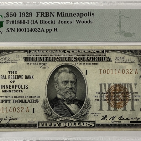 U.S. Currency 1929 $50 FEDERAL RESERVE BANKNOTE BROWN SEAL, MINNEAPOLIS, FR-1880-I PMG AU-53