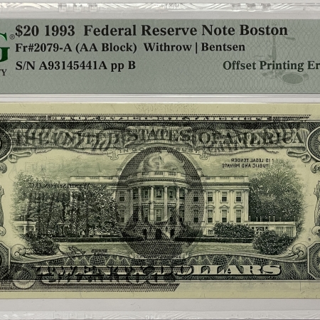 U.S. Currency 1993 $20 FRN, BOSTON, FR-2079-a, “OFFSET PRINTING ERROR”, PMG-64 EPQ; DRAMATIC!