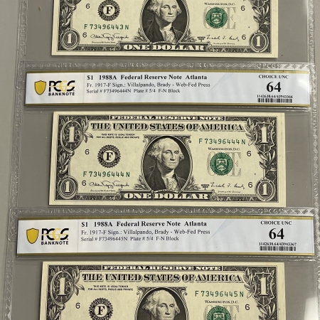 U.S. Currency 1988-A $1 FRN WEB PRESS ATLANTA FR1917F F-N 3 CONSECUTIVE NOTES PCGS CHOICE CU64