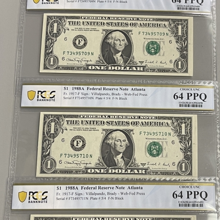 U.S. Currency 1988-A $1 FRN WEB PRESS ATLANTA FR1917-F F-N 4 CONSEC NOTES PCGS GEM CU64 PPQ
