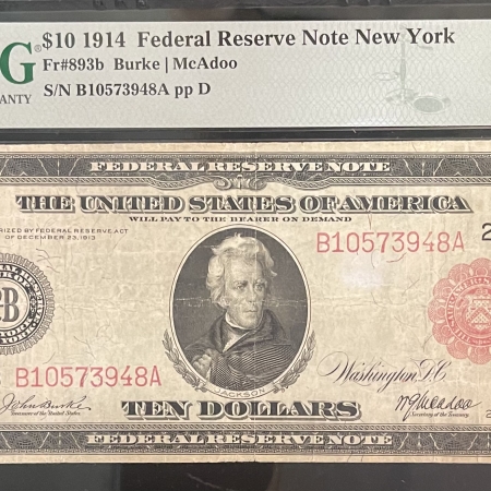 New Store Items 1914 $10 FRN, RED SEAL, NEW YORK, FR-893b, BURKE/McADOO, PMG VF-20