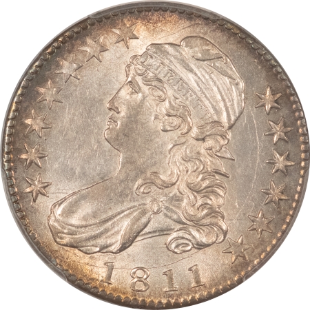 Capped Bust Quarters 1811 CAPPED BUST HALF DOLLAR, LARGE 8 – PCGS AU-58, FRESH & FLASHY!