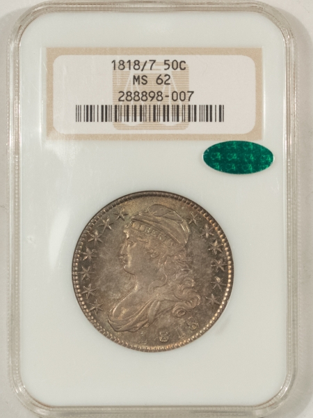 CAC Approved Coins 1818/7 CAPPED BUST HALF DOLLAR – NGC MS-62, STUNNING! PQ! FATTIE HOLDER & CAC!