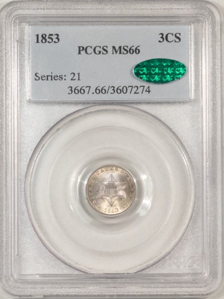 CAC Approved Coins 1853 THREE CENT SILVER – PCGS MS-66, PQ, SUPERB & CAC APPROVED!