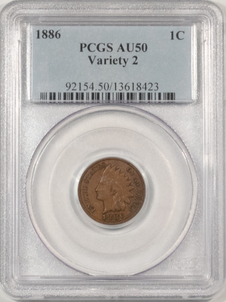 Indian 1886 INDIAN HEAD CENT, VARIETY 2 – PCGS AU-50