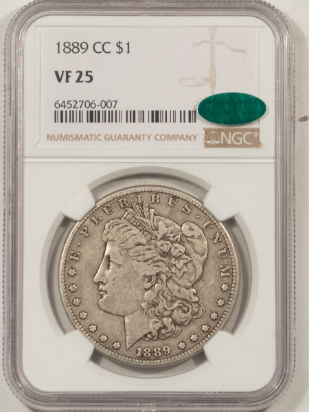 CAC Approved Coins 1889-CC MORGAN DOLLAR – NGC VF-25, PERFECT ORIGINAL, KEY DATE & CAC APPROVED!