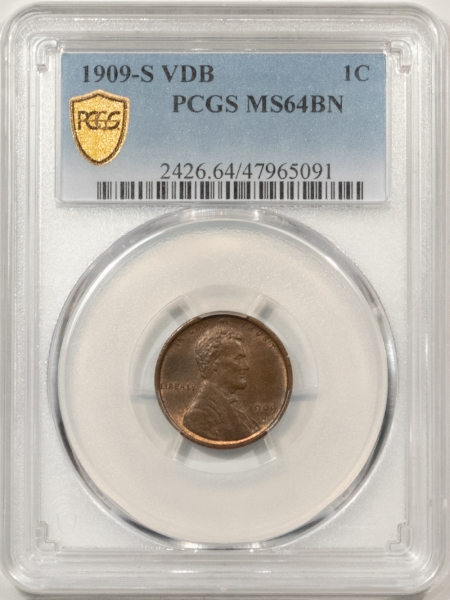 Lincoln Cents (Wheat) 1909-S VDB LINCOLN CENT – PCGS MS-64 BN, SMOOTH ORIGINAL KEY-DATE!