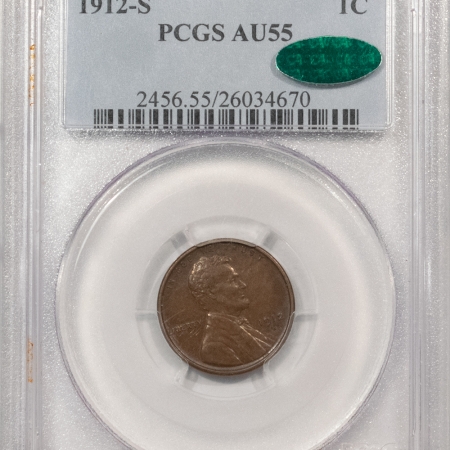 U.S. Certified Coins 1912-S LINCOLN CENT – PCGS AU-55, PREMIUM QUALITY! CAC APPROVED!