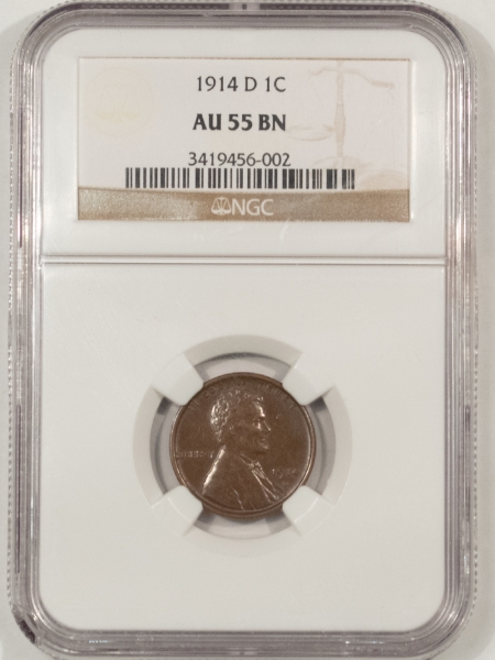 Lincoln Cents (Wheat) 1914-D LINCOLN CENT – NGC AU-55 BN, GLOSSY & ATTRACTIVE!