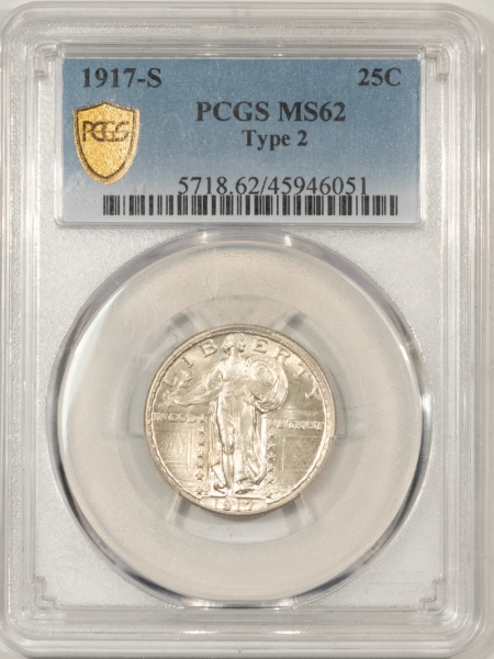 New Certified Coins 1917-S TYPE 2 STANDING LIBERTY QUARTER – PCGS MS-62, BLAST WHITE!
