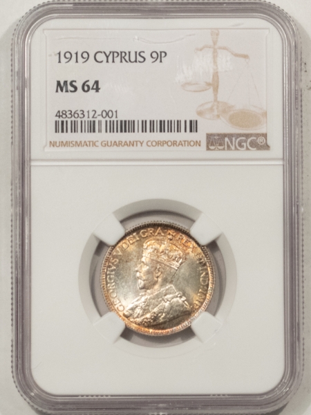 New Certified Coins 1919 CYPRUS 9 PIASTRES SILVER, KM-13 – NGC MS-64, SCARCE ISSUE & TOUGH THIS NICE