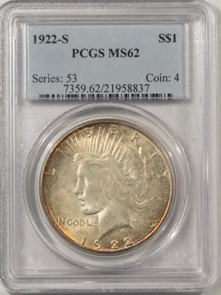 New Certified Coins 1922-S PEACE DOLLAR – PCGS MS-62, PRETTY!
