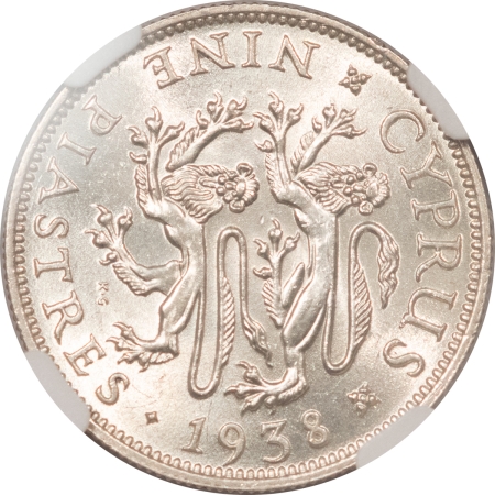 New Certified Coins 1938 CYPRUS 9 PIASTRES SILVER, KM-25 – NGC MS-63, FLASHY & LUSTROUS, TOUGER!