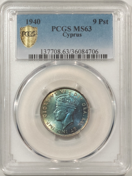 New Certified Coins 1940 CYPRUS 9 PIASTRES SILVER, KM-25 – PCGS MS-63, STUNNING AQUA BLUE COLOR, PQ!