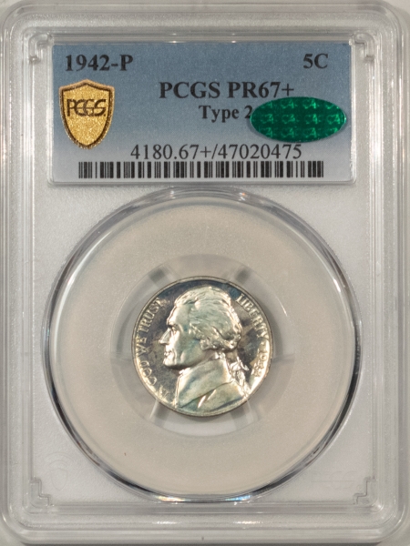 CAC Approved Coins 1942-P PROOF JEFFERSON NICKEL, TYPE II – PCGS PR-67+, PRETTY, PQ & CAC APPROVED!