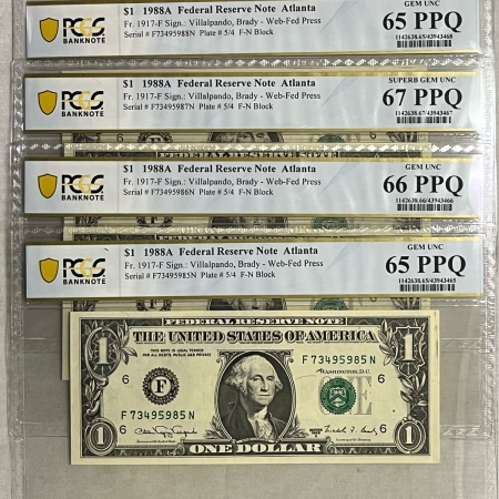 U.S. Currency 1988-A $1 FRN WEB PRESS ATLANTA FR1917F F-N 4 CONSEC NOTES PCGS GEM CU65-67 PPQ