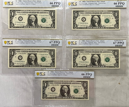 New Store Items 1988-A $1 FRN WEB PRESS ATLANTA FR1917F F-N 5 CONSEC NOTES PCGS 66-67 PPQ