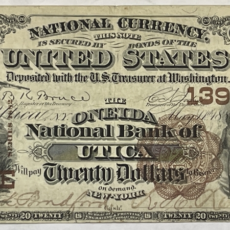 U.S. Currency SERIES 1882 $20 BROWN-BACK (1885), FR-495; ONEIDA NB OF UTICA NY FRESH CHOICE VF