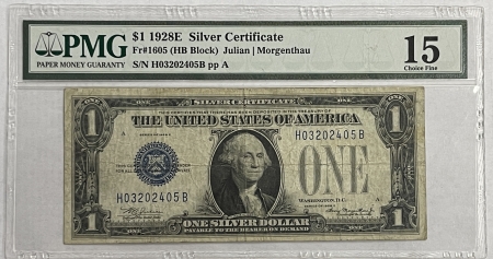 Small Silver Certificates 1928-E $1 SILVER CERTIFICATE FR-1605 HB BLOCK PMG FINE 15 KEY SILVER CERTIFICATE