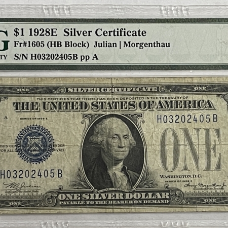 U.S. Currency 1928-E $1 SILVER CERTIFICATE FR-1605 HB BLOCK PMG FINE 15 KEY SILVER CERTIFICATE