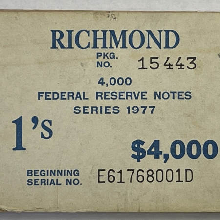 U.S. Currency 1977 $1 FEDERAL RESERVE NOTE BRICK PLATE BLOCK (FRONT BLOCK) FOR $4000 FED WRAPS