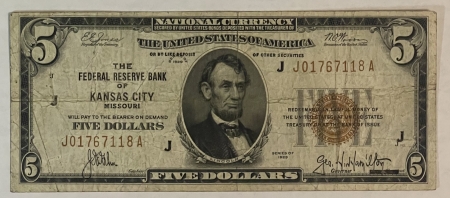 Small Federal Reserve Notes 1929 $5 FRBN BROWN SEAL, KANSAS CITY, MO; FR-1850J, FRESH PROBLEM-FREE F/VF!