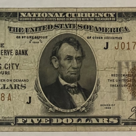 U.S. Currency 1929 $5 FRBN BROWN SEAL, KANSAS CITY, MO; FR-1850J, FRESH PROBLEM-FREE F/VF!