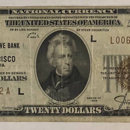 U.S. Currency 1929 $20 FRBN BROWN SEAL, SAN FRANCISCO, CA; FR-1870L, FRESH  & ORIGINAL VF!