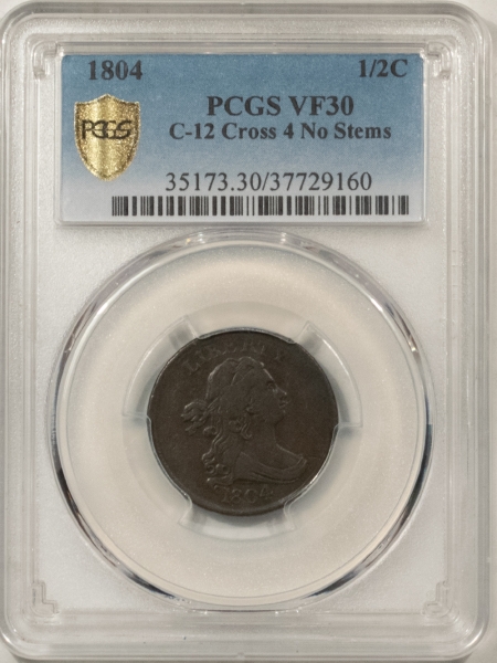 Draped Bust Half Cents 1804 DRAPED BUST HALF CENT, C-12 CROSS 4 NO STEMS – PCGS VF-30, SMOOTH BROWN!