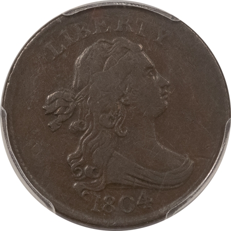 Draped Bust Half Cents 1804 DRAPED BUST HALF CENT, C-12 CROSS 4 NO STEMS – PCGS VF-30, SMOOTH BROWN!