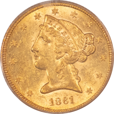 $5 1861 NO MOTTO $5 LIBERTY HEAD GOLD – PCGS MS-60, FLASHY PLEASING CIVIL WAR DATE!