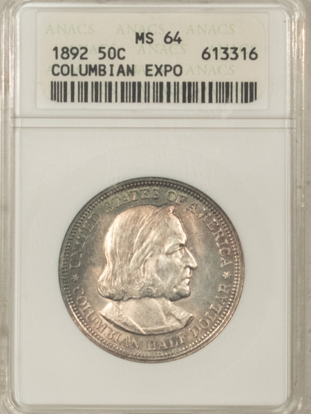 New Certified Coins 1892 COUMBIAN EXPO COMMEMORATIVE HALF DOLLAR ANACS MS-64, OLD WHITE HOLDER, PQ!