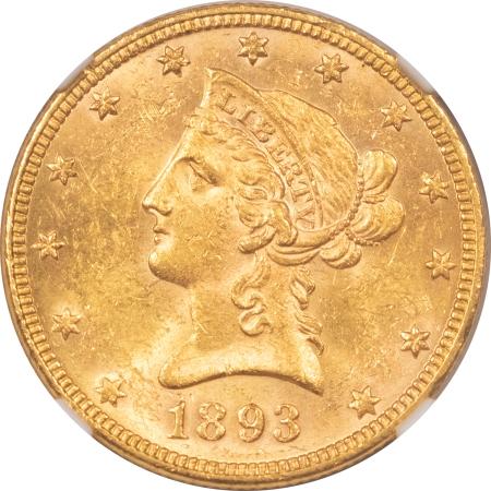 $10 1893 $10 LIBERTY HEAD GOLD EAGLE – NGC MS-61, FLASHY!