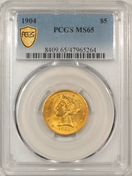 $5 1904 $5 LIBERTY HEAD GOLD – PCGS MS-65, MARK-FREE & PREMIUM QUALITY!