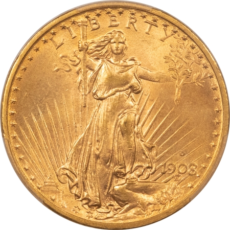 $20 1908-D MOTTO $20 ST GAUDENS GOLD – PCGS MS-62, BETTER DATE, LOW MINTAGE