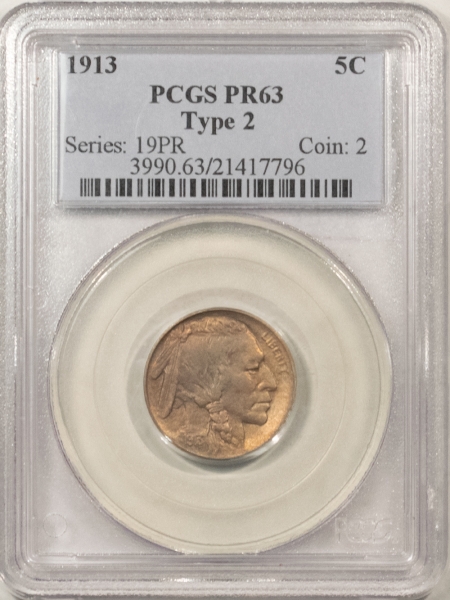 Buffalo Nickels 1913 PROOF BUFFALO NICKEL, TYPE II – PCGS PR-63, SCARCE COIN!