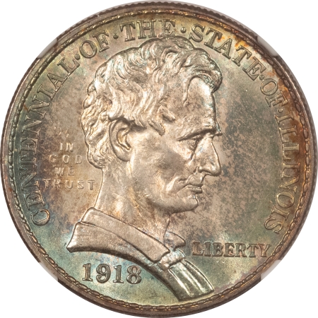 New Certified Coins 1918 LINCOLN-ILLINOIS COMMEMORATIVE HALF DOLLAR – NGC MS-66, STUNNING COLOR!