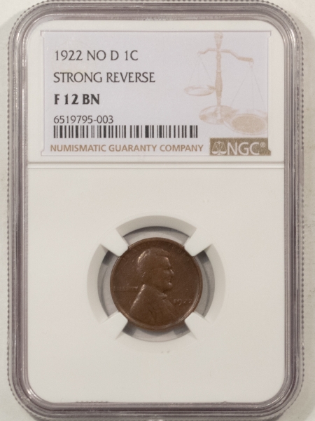 Lincoln Cents (Wheat) 1922 NO D LINCOLN CENT, STRONG REVERSE – NGC F-12 BN, KEY DATE!