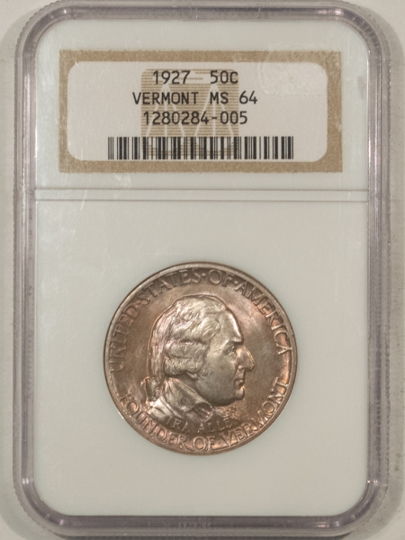 New Certified Coins 1927 VERMONT COMMEMORATIVE HALF DOLLAR – NGC MS-64, ATTRACTIVE LAVENDER PATINA!