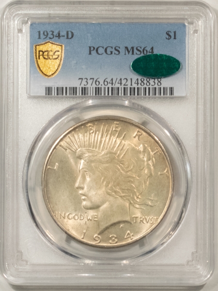 CAC Approved Coins 1934-D PEACE DOLLAR – PCGS MS-64, FRESH, PREMIUM QUALITY & CAC APPROVED!